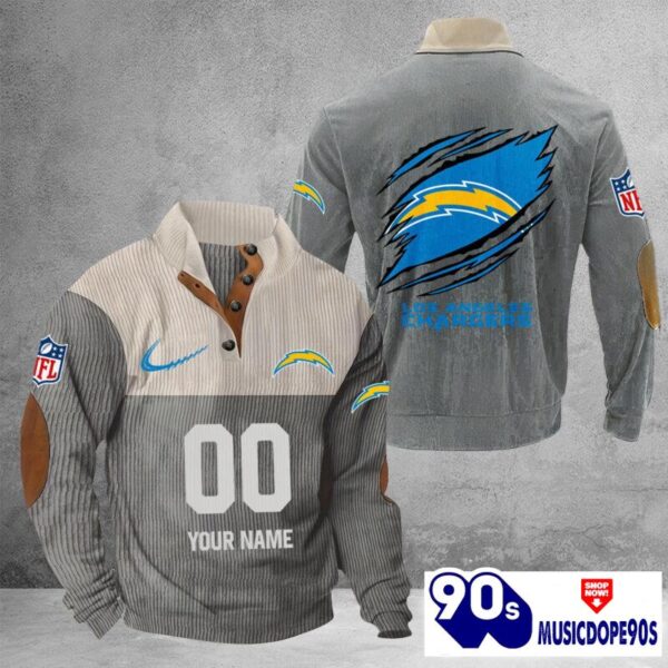 Los Angeles Chargers Vintage Button Up Shirts Stand Collar Long Sleeve Shirt Elbow Patches