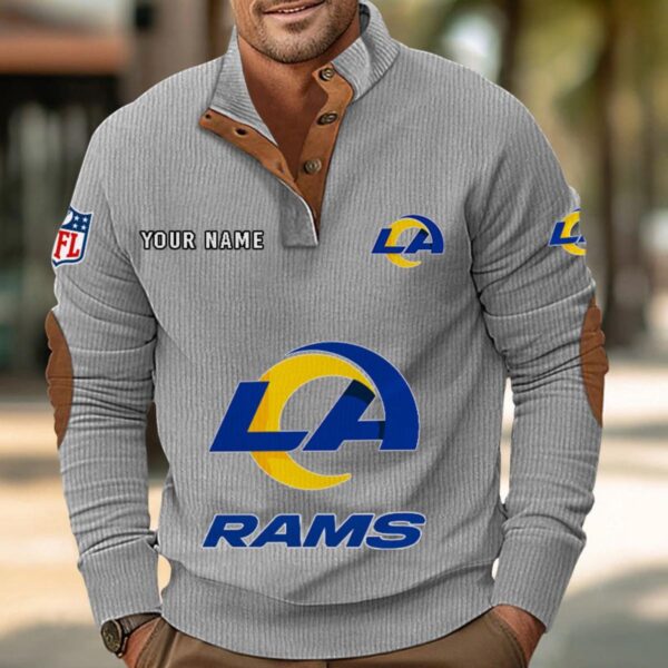 Los Angeles Rams Button Up Shirts Stand Collar Long Sleeve Shirt Elbow Patches