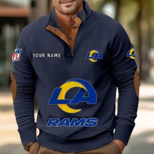 Los Angeles Rams Button Up Shirts Stand Collar Long Sleeve Shirt Elbow Patches