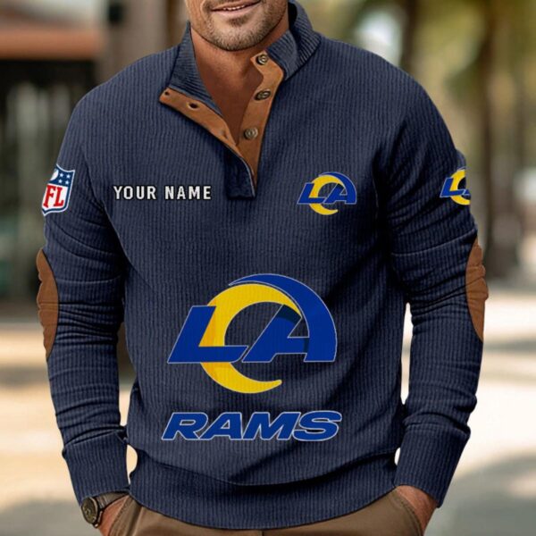 Los Angeles Rams Button Up Shirts Stand Collar Long Sleeve Shirt Elbow Patches