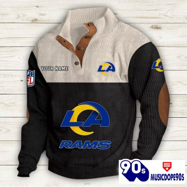 Los Angeles Rams Button Up Shirts Stand Collar Long Sleeve Shirt Elbow Patches