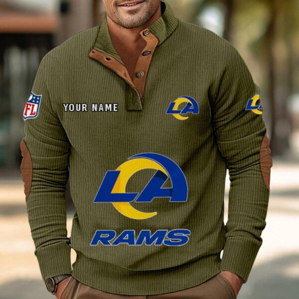 Los Angeles Rams Button Up Shirts Stand Collar Long Sleeve Shirt Elbow Patches