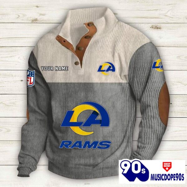 Los Angeles Rams Button Up Shirts Stand Collar Long Sleeve Shirt Elbow Patches