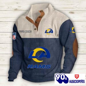 Los Angeles Rams Button Up Shirts Stand Collar Long Sleeve Shirt Elbow Patches