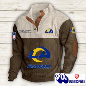 Los Angeles Rams Button Up Shirts Stand Collar Long Sleeve Shirt Elbow Patches