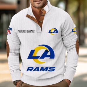 Los Angeles Rams Button Up Shirts Stand Collar Long Sleeve Shirt Elbow Patches