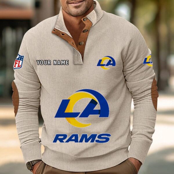 Los Angeles Rams Button Up Shirts Stand Collar Long Sleeve Shirt Elbow Patches