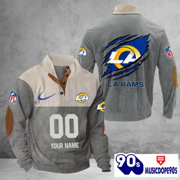 Los Angeles Rams Vintage Button Up Shirts Stand Collar Long Sleeve Shirt Elbow Patches