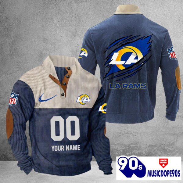 Los Angeles Rams Vintage Button Up Shirts Stand Collar Long Sleeve Shirt Elbow Patches