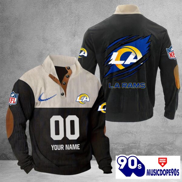 Los Angeles Rams Vintage Button Up Shirts Stand Collar Long Sleeve Shirt Elbow Patches
