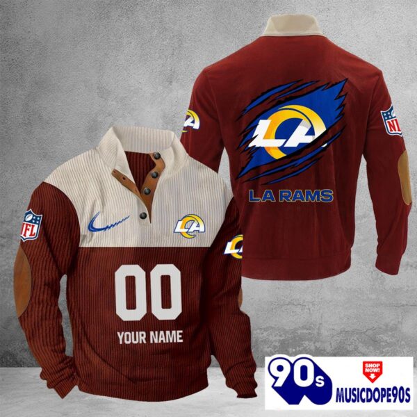 Los Angeles Rams Vintage Button Up Shirts Stand Collar Long Sleeve Shirt Elbow Patches