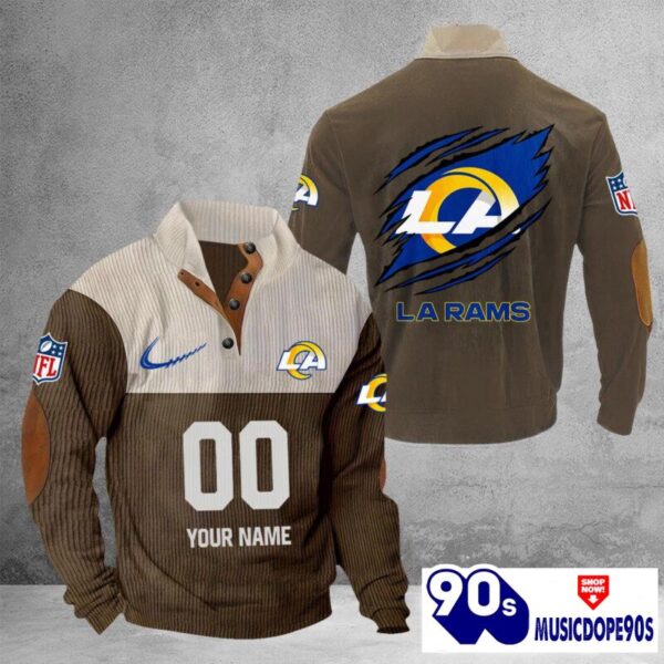 Los Angeles Rams Vintage Button Up Shirts Stand Collar Long Sleeve Shirt Elbow Patches