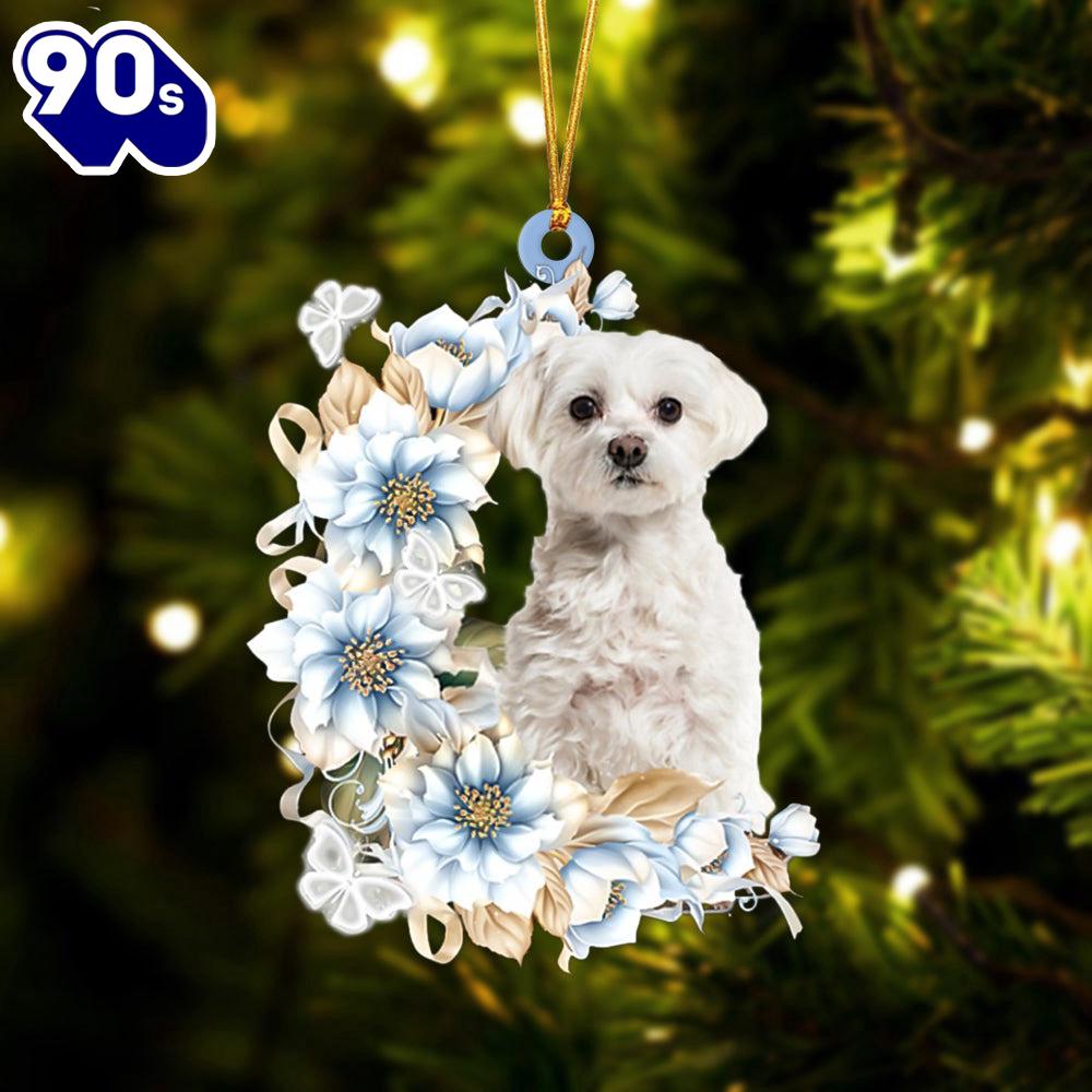 Maltese Flowers Moon Ornament, Gift For Christmas Maltese Flowers Moon Ornament, Gift For Christmas