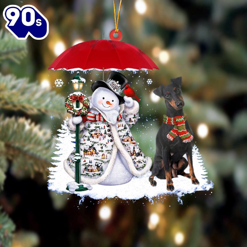 Manchester Terrier With Snowman Christmas Ornament, Gift For Christmas Manchester Terrier With Snowman Christmas Ornament, Gift For Christmas