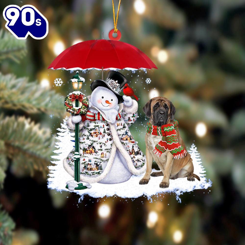 Mastiff Brindle With Snowman Ornament, Gift For Christmas Mastiff Brindle With Snowman Ornament, Gift For Christmas
