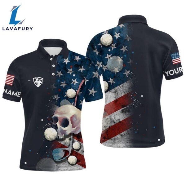 Men American Flag Golf Skull With Golf Ball Polo Shirt, Custom Name    Gift Christmas