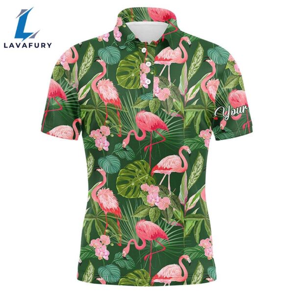 Men Golf Polo Shirts Flamingo Green Tropical Palm Leaves Pattern Custom Name Team Golf Polo Shirts  Gift Christmas