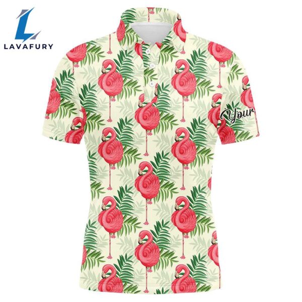 Men Golf Polo Shirts Pink Flamingo Green Tropical Leaf Pattern Custom Name Team Golf Polo Shirts  Gift Christmas