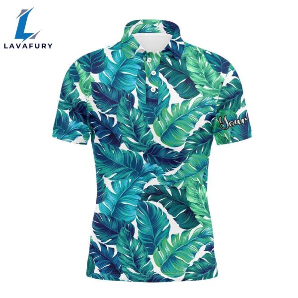 Men Golf Polo Upf Shirts Turquoise And Green Tropical Leaves Custom Team Golf Polo Shirts  Gift Christmas