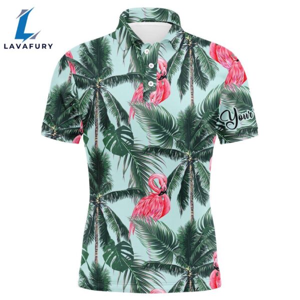 Men Golf Polo Upf Shirts With Pink Flamingos Tropical Palm Leaves Custom Team Golf Polo Shirts  Gift Christmas