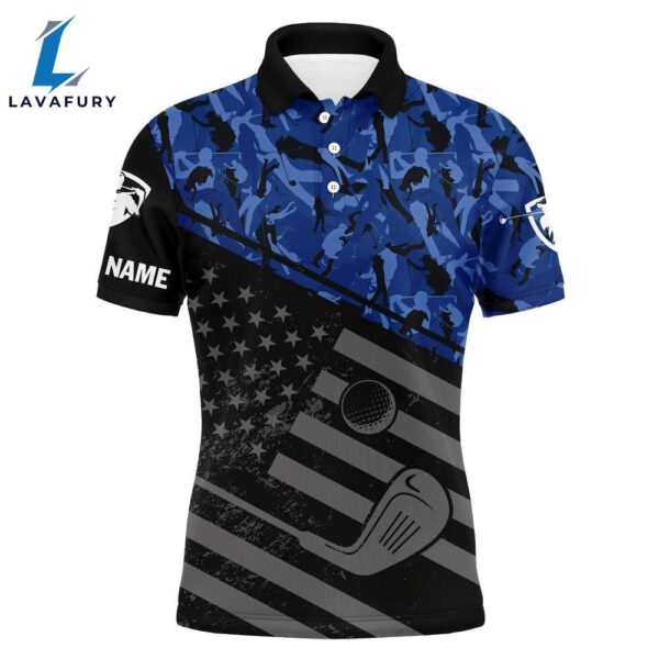Mens Golf Polo Shirt Black American Flag Patriotic Blue Camo Polo Custom Name Golfing Gifts  Gift Christmas