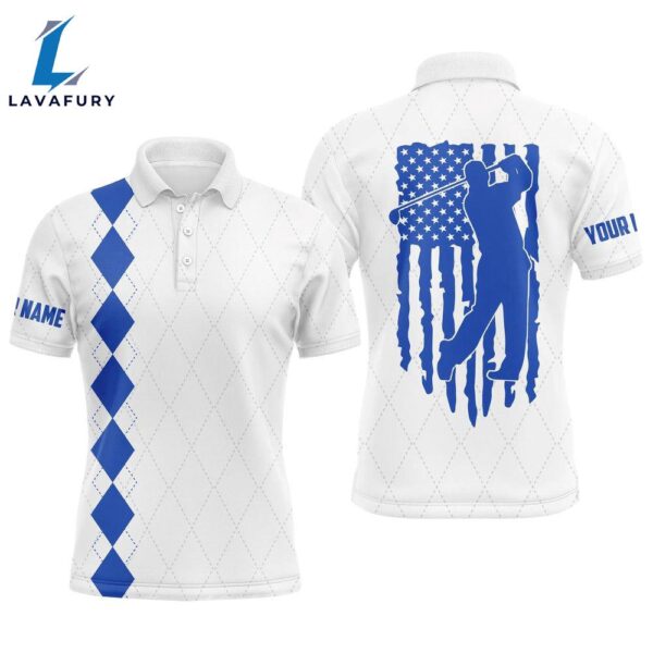Mens Golf Polo Shirt Blue American Flag Patriotic  Custom Name Golf Gifts  Gift Christmas