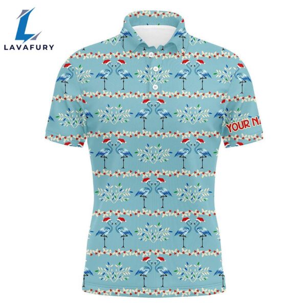 Mens Golf Polo Shirt Custom Blue Christmas Flamingo Pattern    Gift Christmas