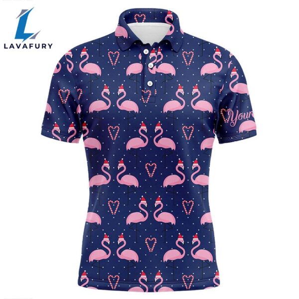 Mens Golf Polo Shirt Custom Flamingo In Xmas Hat With Candy Cane Heart Blue Background, Xmas Golf Gift  Gift Christmas