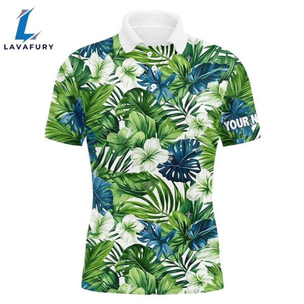 Mens Golf Polo Shirt Custom Green Tropical Flower Leaves Pattern Team Golf Tops   Gift Christmas