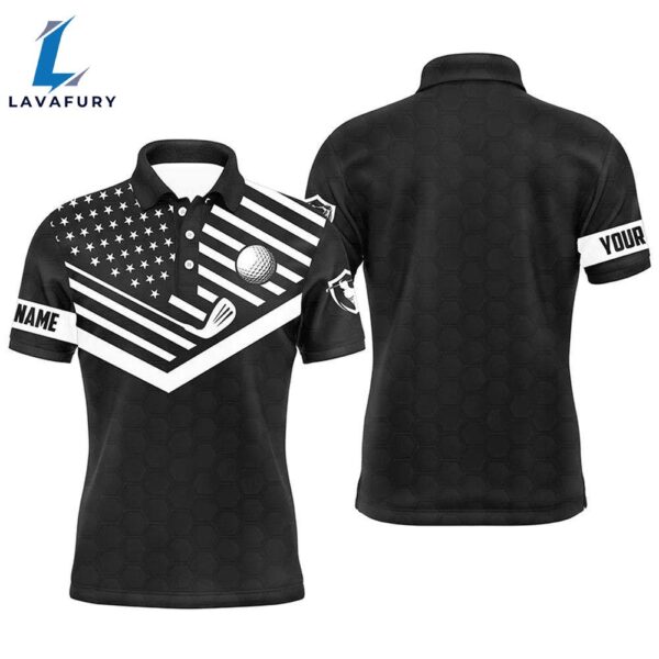 Mens Golf Polo Shirt Custom Name Black And White American Flag Patriotic Golf Polo Shirts   Gift Christmas
