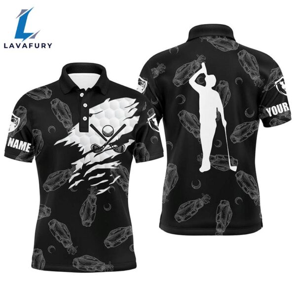 Mens Golf Polo Shirt Custom Name Black Golf Clubs Pattern Shirt  Gift Christmas