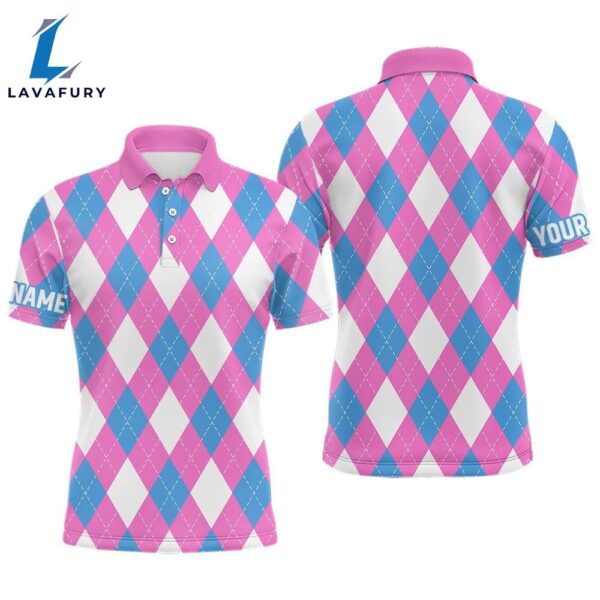 Mens Golf Polo Shirt Custom Pink, Blue And White Argyle Plaid Pattern Golf Attire   Gift Christmas