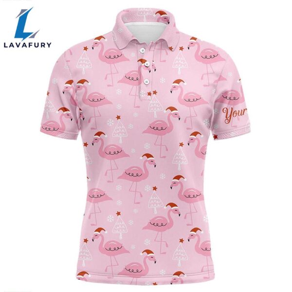 Mens Golf Polo Shirt Custom Pink Flamingo Christmas Pattern In Xmas Santa Hat, Christmas Golf Gifts  Gift Christmas