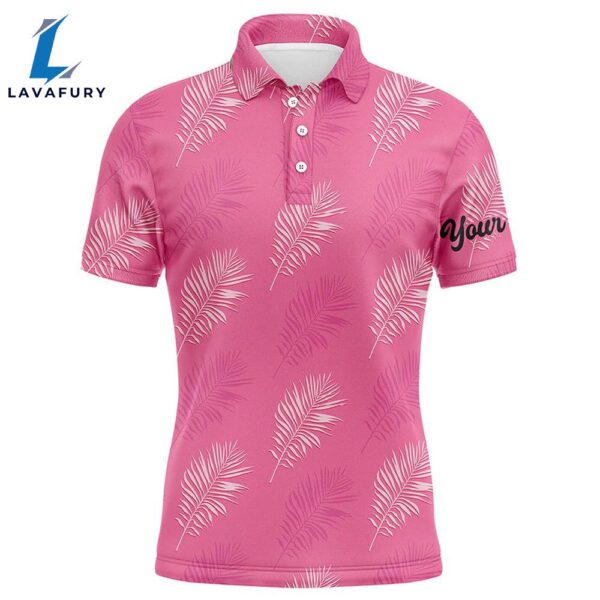 Mens Golf Polo Shirt Custom Pink Palm Leaves Tropical Pattern , Mens Golf Tops  Gift Christmas