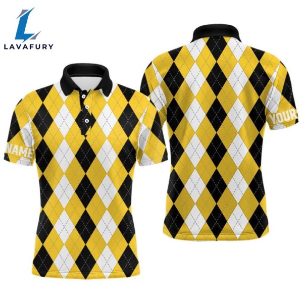 Mens Golf Polo Shirt Custom Yellow Argyle Plaid Pattern Golf Attire   Gift Christmas