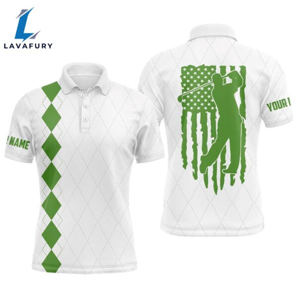 Mens Golf Polo Shirt Green American Flag Patriotic  Custom Name Golf Gifts  Gift Christmas