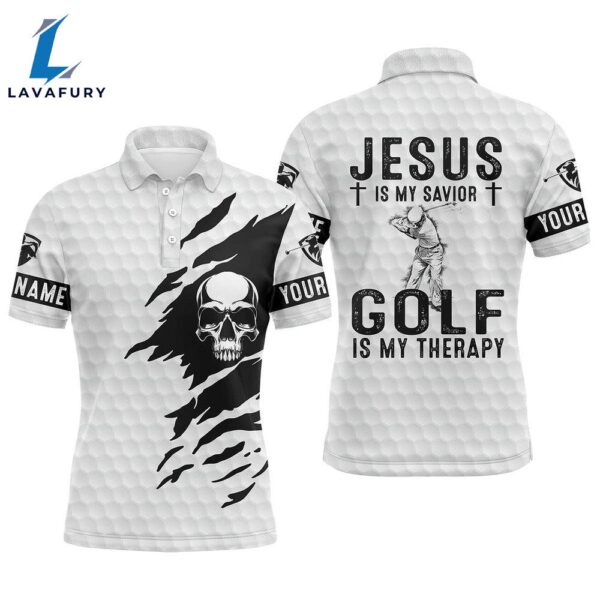 Mens Golf Polo Shirt Jesus Is My Savior, Golf Is My Therapy Custom Name White Skull   Gift Christmas