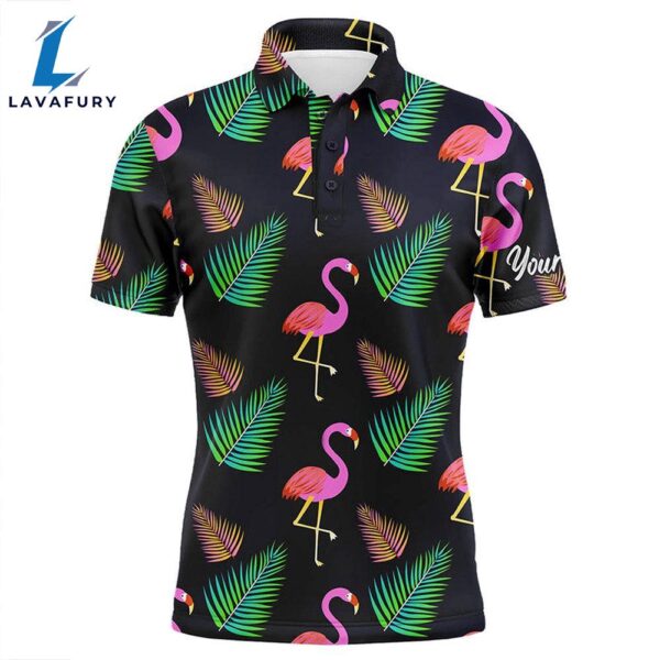 Mens Golf Polo Shirt Neon Flamingos Palm Leaves Pattern Custom Team Flamingo , Golfing Gift  Gift Christmas