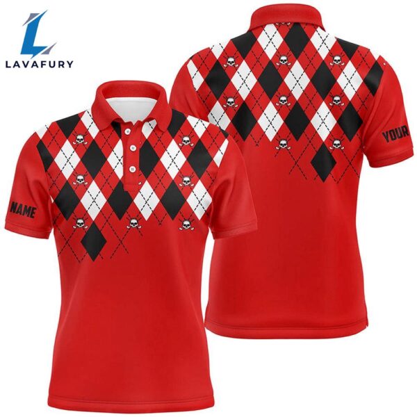 Mens Golf Polo Shirt Plus Size Red Argyle Plaid Golf Skull Pattern Custom Name Mens Red Golf Tops  Gift Christmas