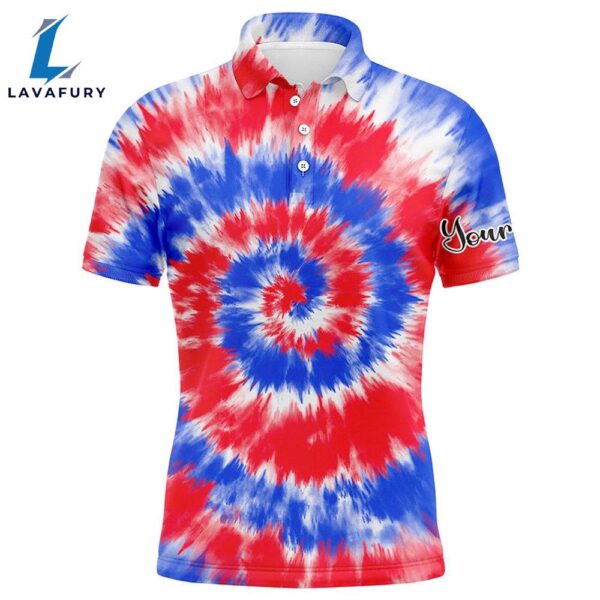Mens Golf Polo Shirt Red And Blue Tie Dye Background Custom Name , Golfing Gift  Gift Christmas