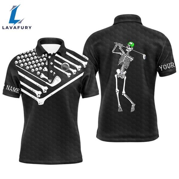 Mens Golf Polo Shirt Skeleton American Flag Custom Black White Halloween Shirt  Gift Christmas