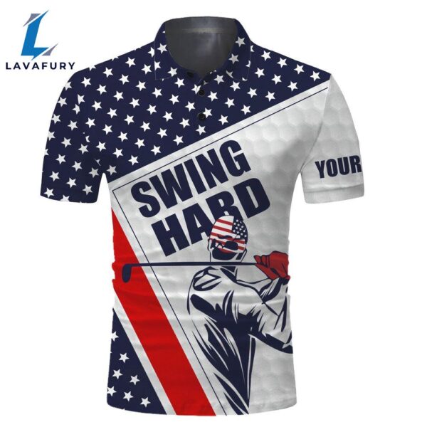 Mens Golf Polo Shirt Swing Hard American Flag Custom Name Golf Performance Shirts  Gift Christmas