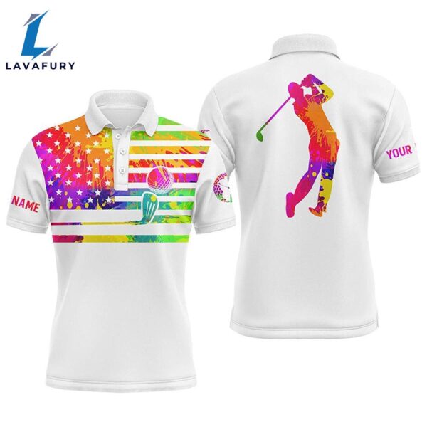 Mens Golf Polo Shirt Watercolor American Flag Custom Name White   Gift Christmas
