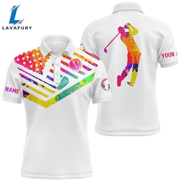 Mens Golf Polo Shirt Watercolor American Flag Th July Custom Name Patriotic White   Gift Christmas