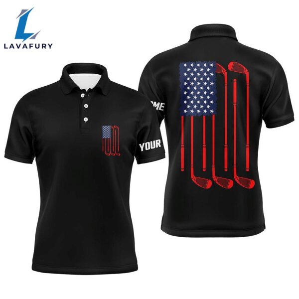 Mens Golf Polo Shirts American Flag Golf Clubs Custom Patriotic Black Mens   Gift Christmas
