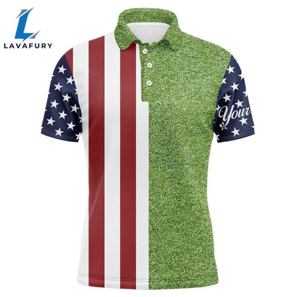 Mens Golf Polo Shirts American Flag Patriotic Custom Green Grass Pattern Mens Golf Polos  Gift Christmas