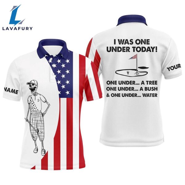 Mens Golf Polo Shirts American Flag White Golf Skull Custom I Was One Under Today Tree, Bush And Water  Gift Christmas