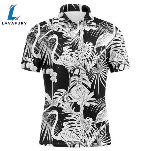 Mens Golf Polo Shirts Black And White Tropical Plants Flamingo  Custom Best Mens Golf Wear  Gift Christmas
