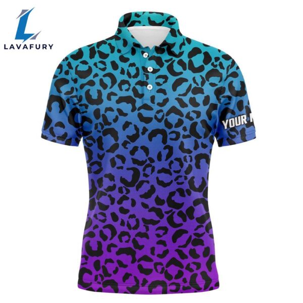 Mens Golf Polo Shirts Blue Purple Neon Leopard Pattern  Custom Name Golf Wear   Gift Christmas