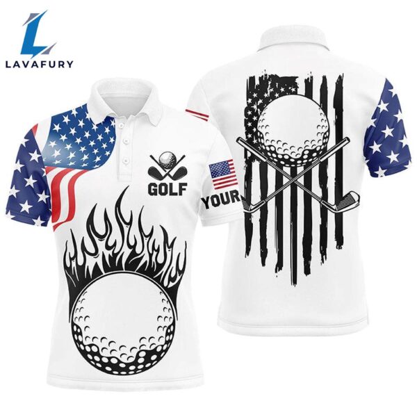 Mens Golf Polo Shirts Custom American Flag Golf Ball Fire Patriot Golf Tops, Golf Attire   Gift Christmas